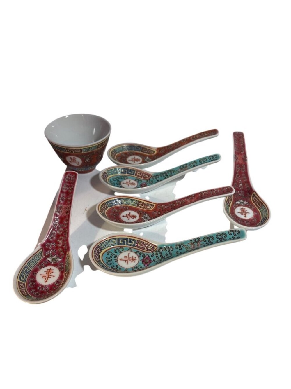 Vintage Chinese Porcelain Tea Cup & Spoon Set Red Blue Turqoise 6 Spoons 1 Bowl